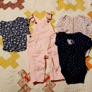 Pink overalls and 3 shirts